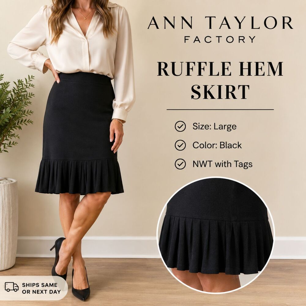 Ann Taylor Factory Skirt Womens L Black Ruffle Hem Knit Pull On NWT Career